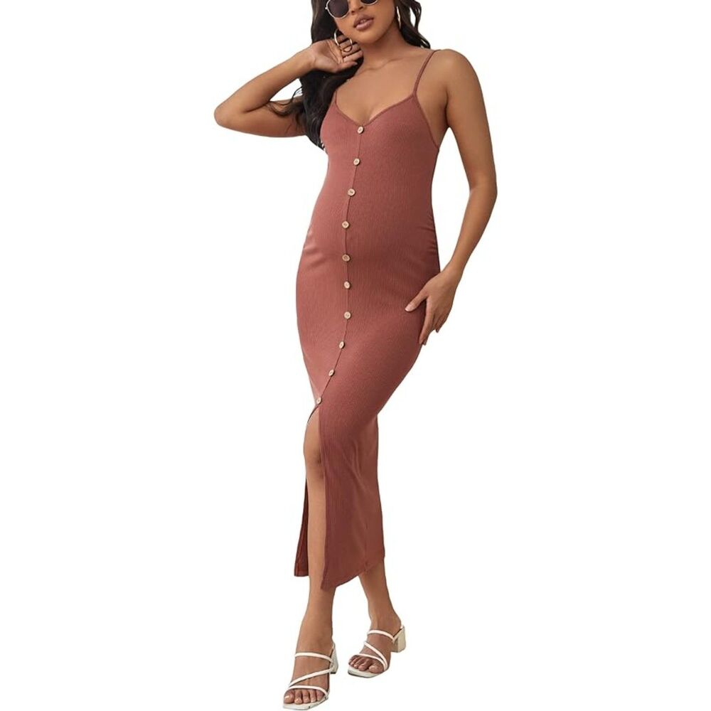 Button Down Ribbed Knit Bodycon Beach Vacation Midi Dress Sz S